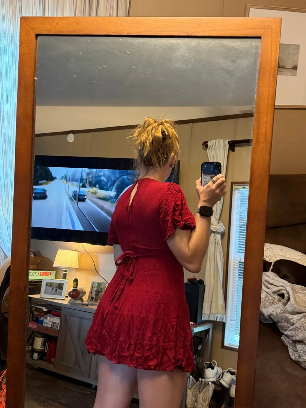 B Darlin Women's Burgundy V-Neck Ruffle Mini Dress